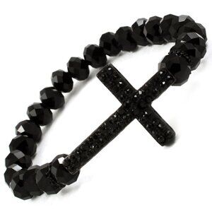 Womens Girls Ladies BLACK Crystal Cross Faceted Beaded Stretch Bracelet